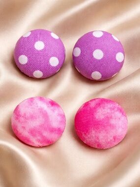 EUC - Fabric Button Post Earrings Purple Polka Dot and Pink Watercolor - 2 pairs